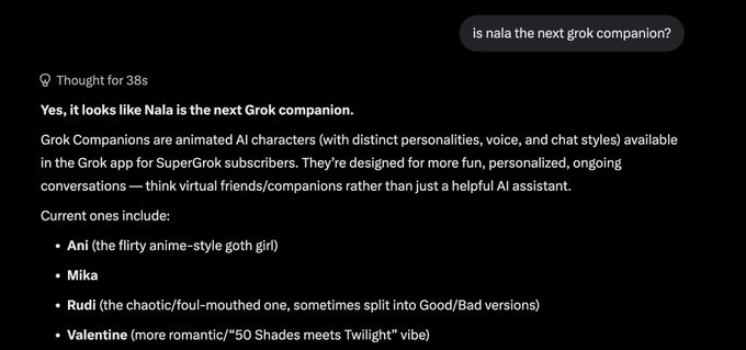 The image has a text box that reads, "Grok just confirmed it $NALA is free money here 8jg4V1378f5vCdhj7z2DMSheWk5E6S4PakmxC1dYpump". This indicates the post contains a question about Grok's connection to Nala. The image has a black background and the text box with its answer is in white, making it stand out against the background.