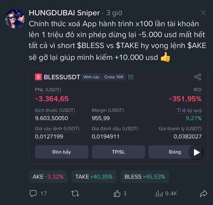 A Vietnamese Twitter/X post by HUNGDUBAI Sniper showing a massive loss on a short BLESSUSDT position (-3,364.65 USDT, -351.95% ROI) on a 10x cross trade.