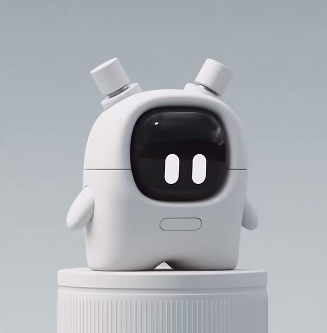 A small white robot with antenna-like ears and a black screen face displaying two vertical white bars, sitting on a cylindrical pedestal.
