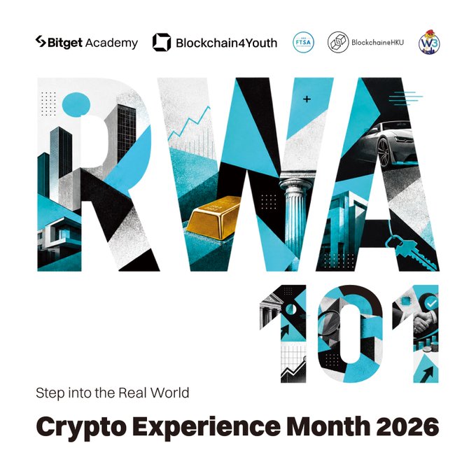 The image is a promotional graphic for "Crypto Experience Month 2026" featuring bold "RWA 101" lettering filled with illustrations of buildings, gold bars, cars, keys, and financial imagery, alongside logos of Bitget Academy, Blockchain4Youth, HTSA, and Blockchain@HKU, with the tagline "Step into the Real World." The post ties directly to this by announcing the "RWA 101 at HKU on Aug 15" event as part of the Crypto Experience Month, promoting an educational session on tokenization and real-world assets hosted by Bitget.