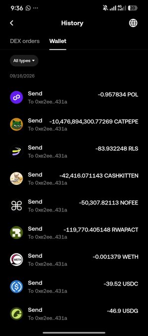 A mobile wallet history screen showing various 'Send' transactions dated 09/16/2026 for tokens including POL, CATPEPE, RLS, CASHKITTEN, NOFEE, RWAPACT, WETH, USDC, and USDG.