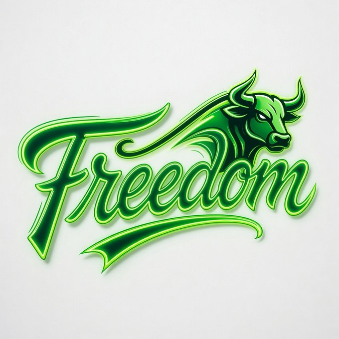 The image features a green bull's head with horns, positioned against a white background. Below the bull's head, there is a phrase written in an artistic font that reads "Freedom". The text is green and stands out against the white backdrop. This combination of elements creates a visually striking contrast between the bull's head and the message it conveys.