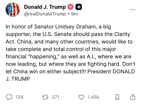 A screenshot of a Truth Social post from Donald J. Trump (@realDonaldTrump) endorsing the Clarity Act in honor of Senator Lindsey Graham and warning against China gaining control of A.I. and major financial developments. The post has 129 replies, 371 reposts, and 1.45k likes, and ties to TikTok given the Clarity Act's relevance to potential bans or restrictions on foreign-owned apps like TikTok.