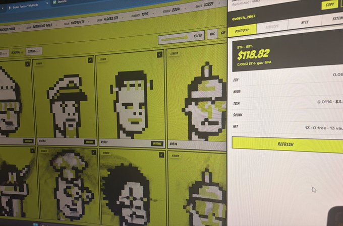 A computer screen displaying a grid of black-and-white pixelated NFT characters on a yellow-green background, alongside an NFT marketplace showing ETH/Gas values and an ETH price of $118.82.