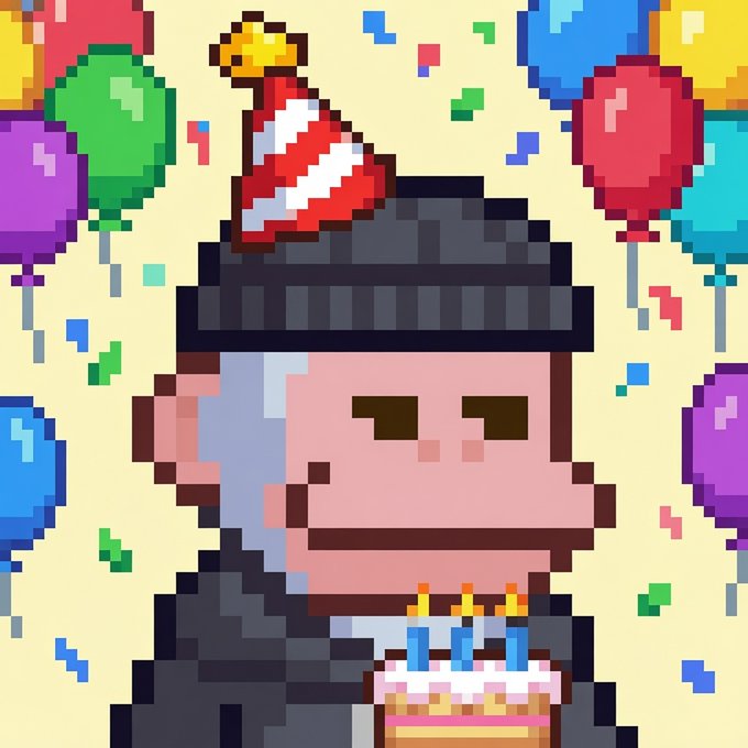 A pixel art illustration of an elderly person wearing a black hat with a red and white striped cone, holding a birthday cake with candles, surrounded by colorful balloons and confetti.