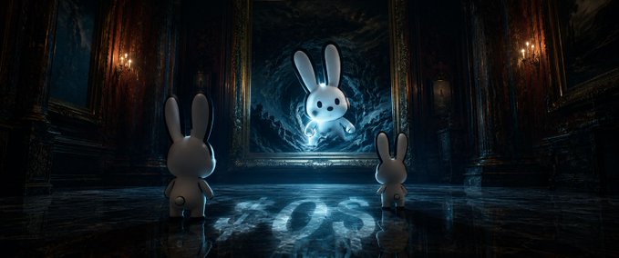 The image features a scene with three white rabbits standing next to each other inside an old, dark room. The rabbits appear to be looking at something or someone outside the frame, possibly a person or another rabbit. The background of the image includes a large mirror that reflects the room's interior and adds depth to the scene. The overall atmosphere seems mysterious and intriguing, with the rabbits as the main focus in this captivating setting.