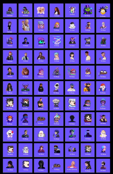 A grid of purple avatar cards each labeled "I'm Busy" featuring various stylized characters, memes, and crypto figures from the Monad community, created by the poster to accompany their thread about the $JAMES token launch on naddotfun.