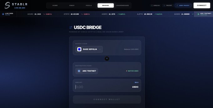 The STABLR (Live on Arc) interface displaying a USDC Bridge from Base Sepolia to Arc Testnet, with an amount of 1.00 USDC and a Connect Wallet button.