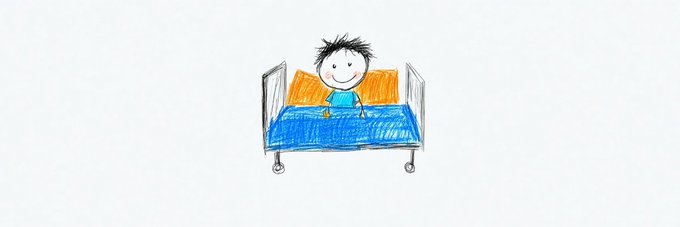 A simple hand-drawn sketch shows a stick figure with spiky black hair sitting upright in a hospital bed with a blue blanket and orange pillow. The image lacks any text, numbers, or tickers, appearing to be an original artistic submission for the $MVA token's banner on Moby.