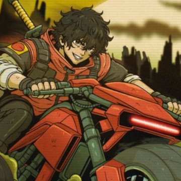 Anime-style illustration of a smiling dark-haired character in red and black armor riding a red futuristic motorcycle against a yellow-toned background.