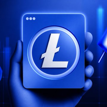 urn of blue liquid with a white lid, symbolizing the cryptocurrency LTC, is held by a hand against a dark blue background.