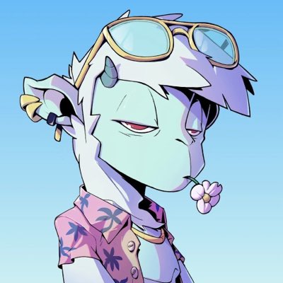 A cartoon-style character with light blue skin, wearing a purple hood with sunglasses on top, a pink Hawaiian shirt, and holding a flower in their mouth.