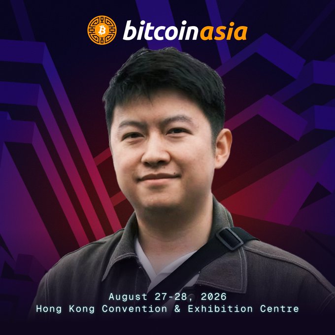 A promotional image for the 'bitcoin asia' conference featuring a young man, dated August 27-28, 2026, at the Hong Kong Convention & Exhibition Centre, set against a purple geometric background.