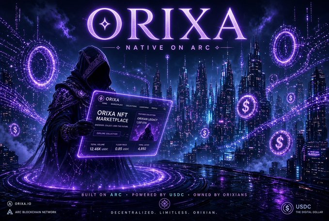A purple-themed digital artwork for 'ORIXA' advertising the 'ORIXA NFT MARKETPLACE' on the 'ARC BLOCKCHAIN NETWORK', showing a hooded figure holding a digital marketplace interface against a futuristic cityscape.