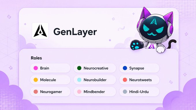 Purple-themed graphic for 'GenLayer' featuring a cat character with headphones, listing various roles including Brain, Neurocreative, Synapse, Molecule, Neurobuilder, Neurotweets, Neurogamer, Mindbender, and Hindi-Urdu.
