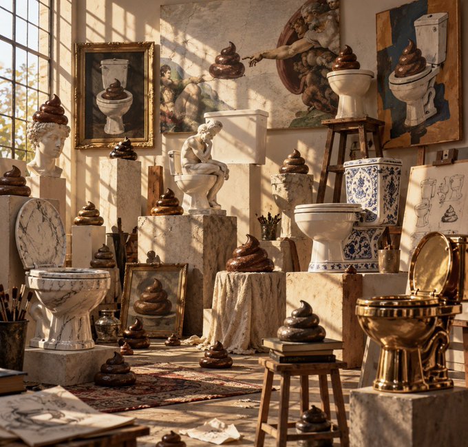 An artist's studio filled with classical sculptures, paintings, framed artwork, and toilets, with multiple coiled brown piles placed decoratively on various surfaces and pedestals.