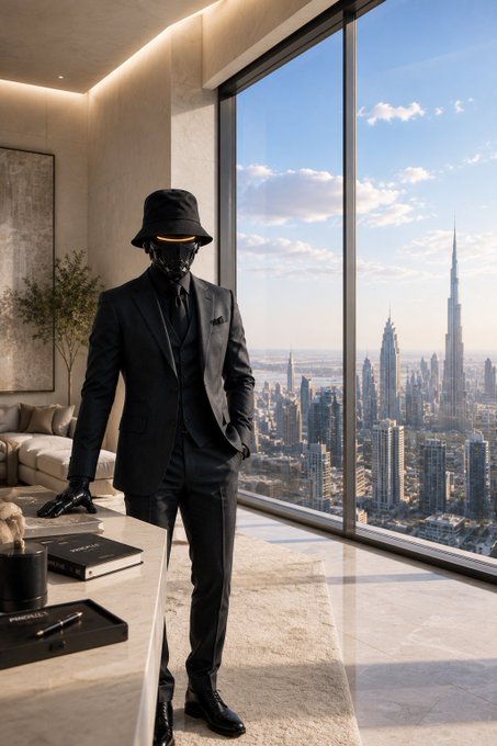 A mysterious figure dressed in an all-black suit, bucket hat, and face mask stands in a luxurious high-rise penthouse overlooking the Dubai skyline featuring the Burj Khalifa. The image evokes a sense of anonymous success and focus on the journey rather than recognition, aligning with the message about staying focused on creating value while the right people, opportunities, and rewards follow.