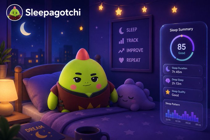 A digital illustration for 'Sleepagotchi' showing a green character in bed next to a purple sleeping figure, with a sleep summary dashboard displaying '85 Good', 'Sleep Duration 7h 45m', 'Deep Sleep 2h 13m', and a sleep pattern graph.