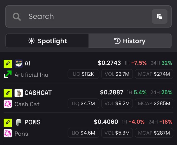 The image shows a cryptocurrency tracking interface displaying three tokens—AI (Artificial Inu at $0.2743), CASHCAT ($0.2887), and PONS ($0.4060)—with their respective liquidity, volume, and market cap metrics. The post suggests that Robinhood has produced multiple "$100M runners" (likely referring to newly listed tokens gaining massive value) in about 60 days, implying the screenshot represents similar rapid gains on alternative platforms, contrasting with what the author claims is a lack of comparable performers on Solana over 12 months.