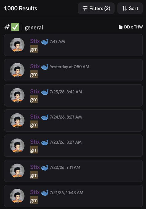 A Discord channel showing 1,000 results in the #general channel from user Stix, with all messages simply saying 'gm' across various dates.