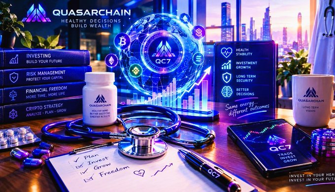 A promotional image for 'QUASARCHAIN QC7' featuring health and wealth products including supplements, a stethoscope, and financial books with tags like 'INVESTING' and 'HEALTH STABILITY'.