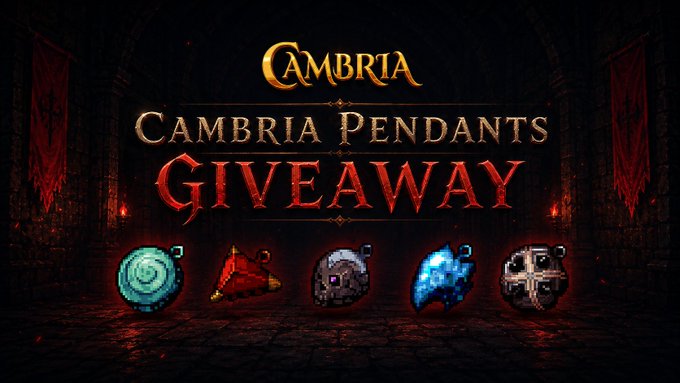 A 'CAMBRIA CAMBRIA PENDANTS GIVEAWAY' promotional graphic displaying five pixel-art pendant designs against a dark medieval-themed background.
