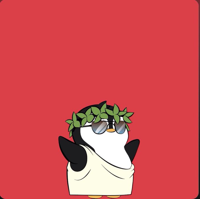 The image features a cartoon penguin wearing sunglasses and a wreath around its neck while standing against a red background. The text "When I joined Lil Pudgys, I came for the brand but stayed for the people" is written above the penguin's head, which seems to be related to the post about Lil Pudgy. This suggests that the image might be promoting or discussing the brand of sunglasses worn by the cartoon penguin.