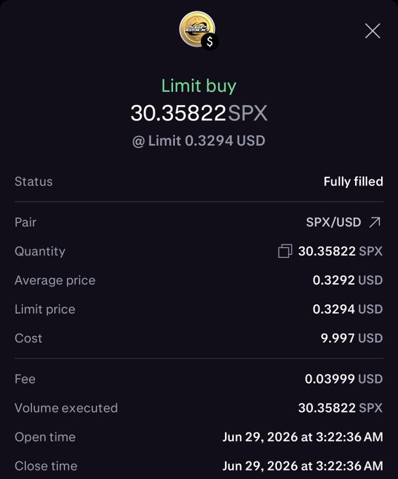 A 'Limit buy' confirmation screen for 30.35822 SPX at a limit price of 0.3294 USD, marked as 'Fully filled'.