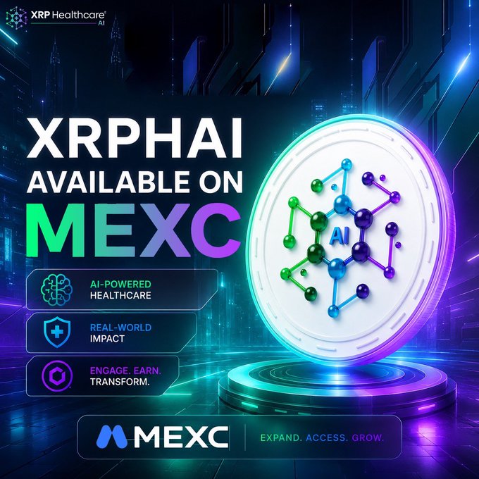 A promotional graphic announcing 'XRPHAI AVAILABLE ON MEXC' featuring a glowing 3D coin with an AI network design, highlighting AI-Powered Healthcare, Real-World Impact, and 'Engage. Earn. Transform.' by XRP Healthcare AI.