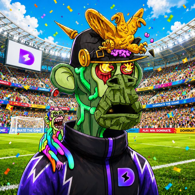The image features a cartoon character dressed as a soccer player, standing on a field with confetti falling around him. The character has a unique appearance, wearing a hat that resembles a bird's head and a jacket adorned with colorful designs. In the background, there is a crowd of people watching the game, adding to the atmosphere of excitement and anticipation.