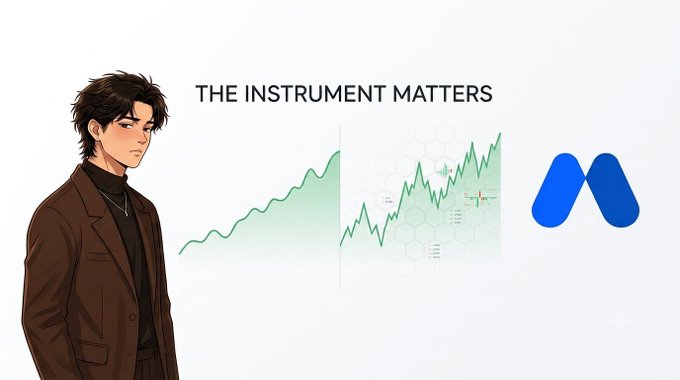 An illustration of a man in a brown jacket stands next to the text "THE INSTRUMENT MATTERS" and two green line graphs, with a blue logo on the right.