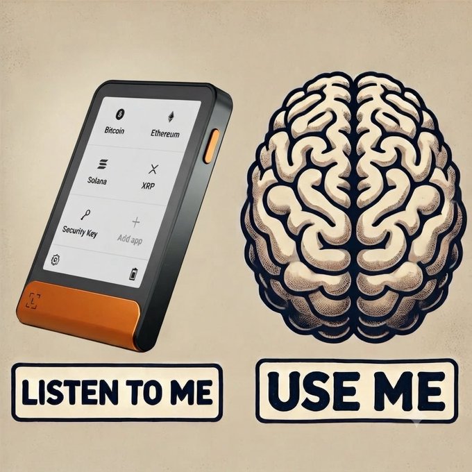 An illustration showing a hardware cryptocurrency wallet (Ledger) displaying Bitcoin, Ethereum, Solana, and XRP alongside a human brain, with text labels 'LISTEN TO ME' and 'USE ME'.