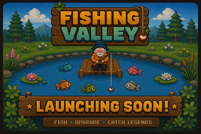 The image features a cartoon man sitting at a dock with several fish around him, including goldfish and other types of fish. The scene also includes trees and flowers surrounding the area where the man is fishing. In the background, there are mountains visible in the distance. A banner above the man reads "Fishing Valley Launching soon!".