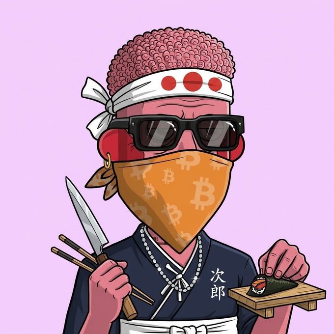 A cartoon sushi chef with red curly hair, sunglasses, a Bitcoin-patterned bandana, and chopsticks holds a knife and a piece of sushi against a pink background, with the characters "次郎" (Jiro) on his apron—fitting the "gm nfts" post as a playful, crypto-themed character illustration.
