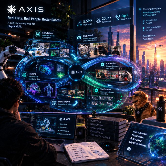 A promotional graphic for AXIS featuring the tagline 'Real Data. Real People. Better Robots' and 'A self improving loop for physical AI,' showcasing stats like 5.5M+ Trajectories, 200K+ Contributors, and Top 2 DApp on Base, with a person at a multi-monitor workspace.