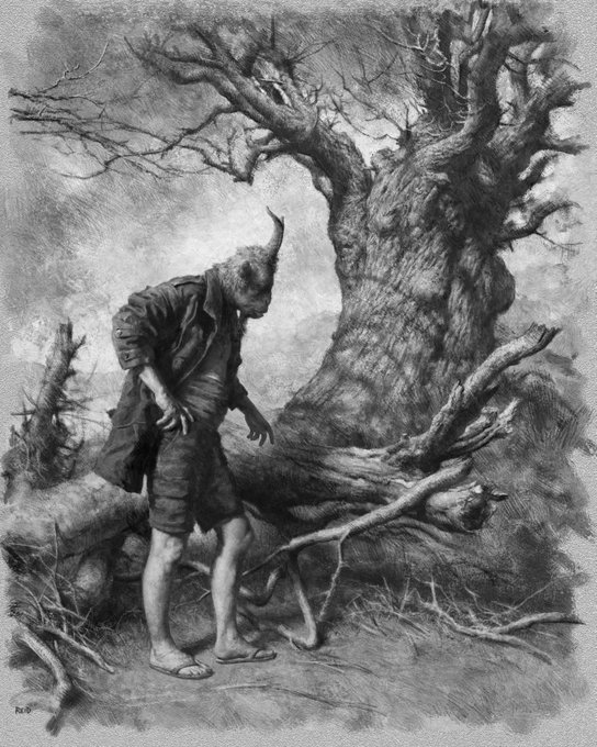 A black and white pencil-style illustration showing a boy with a small horn or twig on his forehead examining a large, gnarled, leafless tree in a barren landscape.