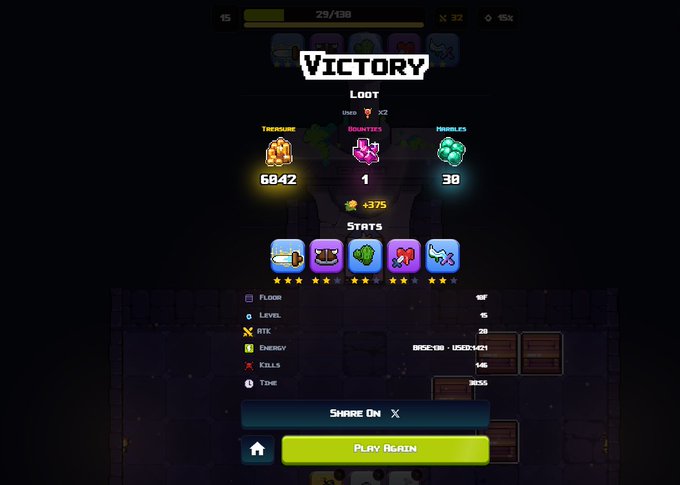A "VICTORY" screen from a video game showing loot collected including 6042 treasure, 1 amethyst, and 30 emeralds, along with stats and a "Play Again" button.