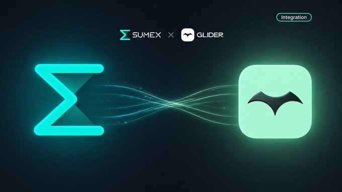 The image showcases the Sumex x Glider integration, featuring the Sumex "Σ" logo and Glider's icon connected by flowing teal lines against a dark background, with "Integration" labeled in the top right corner, visually representing the partnership that brings Glider's investment strategies directly into the Sumex platform.