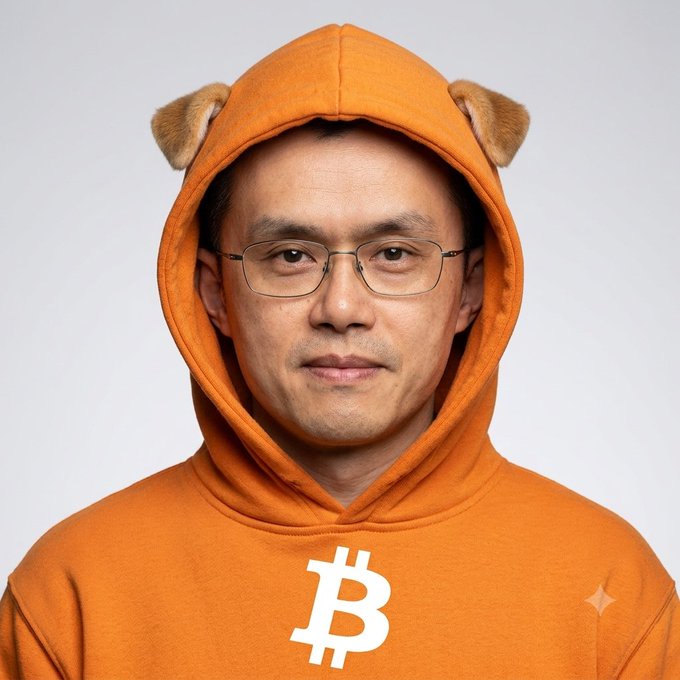 A man wearing an orange Bitcoin-themed hoodie with bear ears on the hood and a large white Bitcoin logo on the chest.
