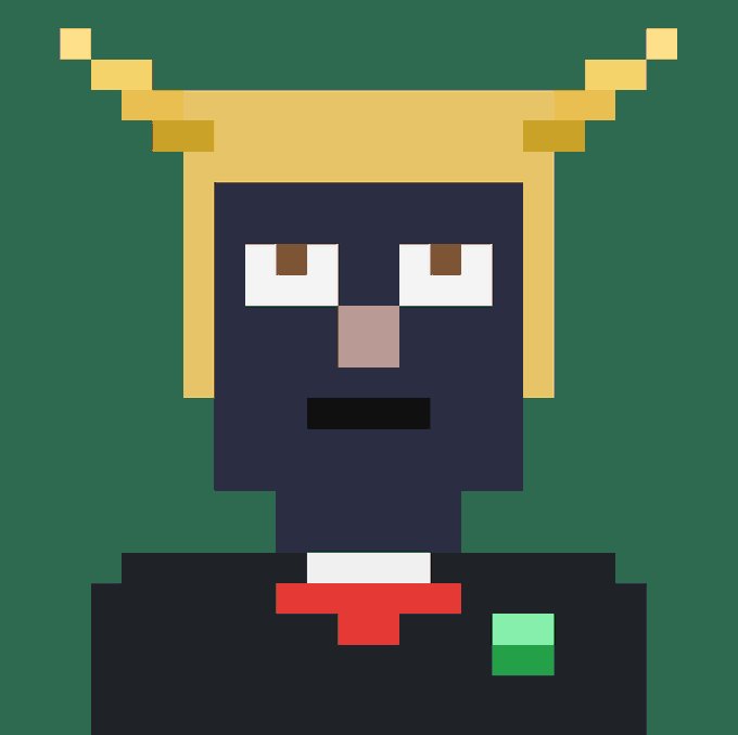 Pixel art portrait of a character with blonde hair styled in two horn-like tufts, wearing a black suit with a red tie/cravat, set against a dark green background.