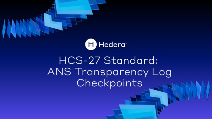 The image displays a title slide for "HCS-27 Standard: ANS Transparency Log Checkpoints" featuring the Hedera logo (marked with "H") against a blue gradient background with geometric design elements. The slide visually introduces the Hedera standard discussed in the post, which uses Merkle-root checkpoints anchored on HCS to make agent context logs tamper-evident and independently auditable.