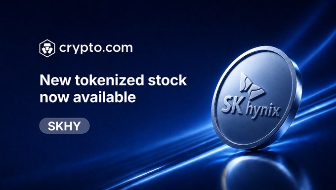 The image is a promotional graphic from Crypto.com announcing that a new tokenized stock is now available, featuring the ticker "SKHY" alongside a 3D metallic blue coin displaying the SK hynix logo against a dynamic blue background. This aligns with the post's announcement that SK Hynix tokenized stock (SKHY) is now tradable on Crypto.com starting from $1.