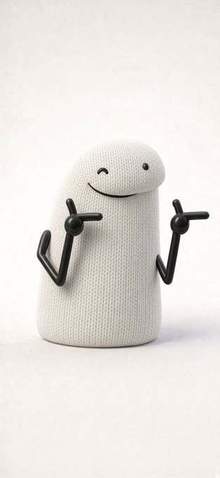 A smiling white knitted plush figure with raised black arms stands against a plain background, its cheerful pose capturing the upbeat tone of the post about Binance Alpha's promising lineup of meme coins like Flork and Cashcat.