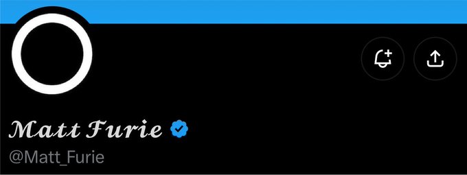 The image shows a Twitter/X profile header for "Matt Furie" (@Matt_Furie), featuring a black-and-white circular logo on a black background with a blue stripe at the top. This profile picture is the Ordinals logo, as referenced in the caption noting that Matt Furie changed his pfp.