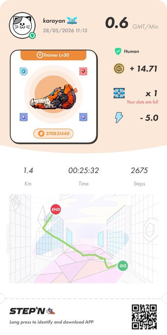 The image shows a fitness app with an orange background, displaying information about a user's workout progress. The app has a map of the user's location, which appears to be Japan, as indicated by the text "stepn アンカー" in the bottom left corner. The app also provides details on the user's current activity and their step count for that day.