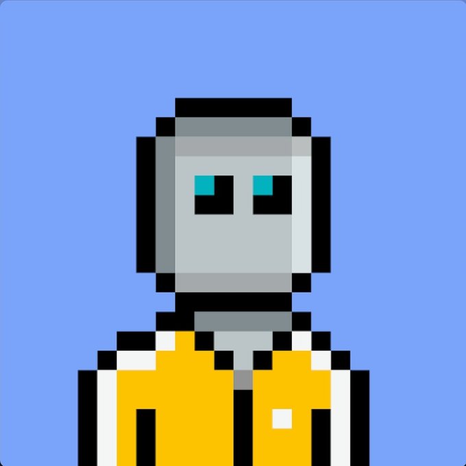 A pixel art avatar of a robot with cyan eyes wearing a yellow jacket is shown against a blue background, visually representing the post's declaration of identifying as a bot.