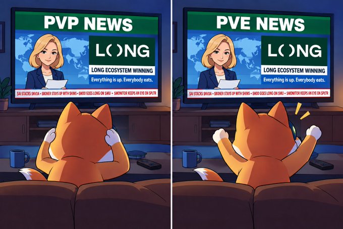 A two-panel illustration shows a cat watching TV: on the left, a worried cat watches 'PVP NEWS' about LONG; on the right, an excited cat watches 'PVE NEWS' also about LONG ecosystem winning.