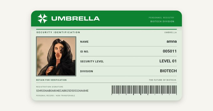 An "UMBRELLA" security ID card for "amna" (ID No. 005011) in the Biotech Division at Security Level 01, featuring a photo of a woman and a barcode.
