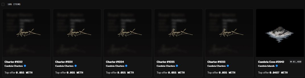 A dark-themed digital marketplace interface displays 106 items, showing five identical 'Charter' NFT listings with a top offer of 0.055 METH and one 'Cambria Cove' listing with an offer of 0.0487 METH.