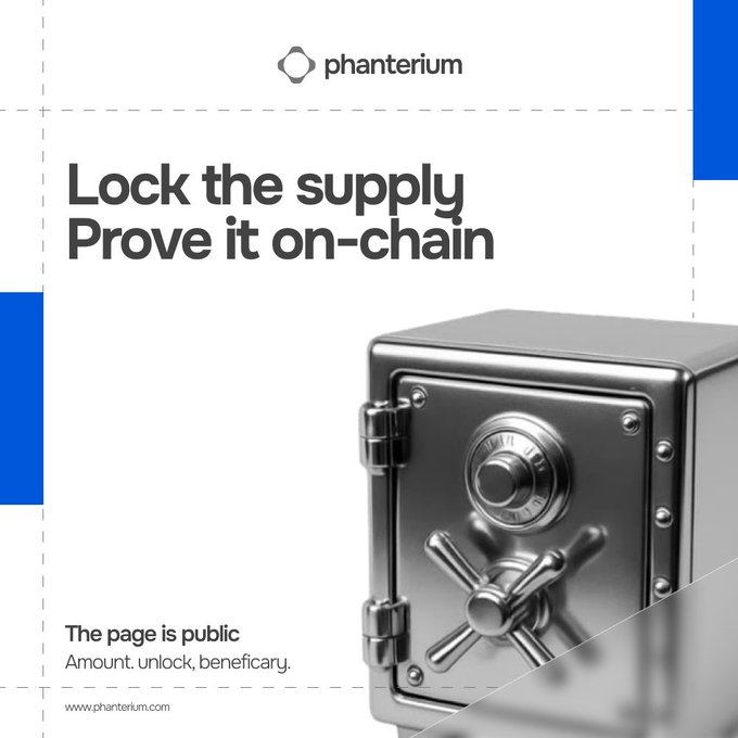 A clean, minimalist promotional page for 'phanterium' features the text 'Lock the supply Prove it on-chain' next to a 3D render of a silver combination safe.